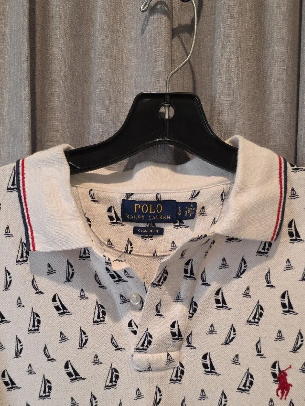 Polo by Ralph Lauren Classic Fit White Polo Shirt Navy Sailboat Print Red Logo